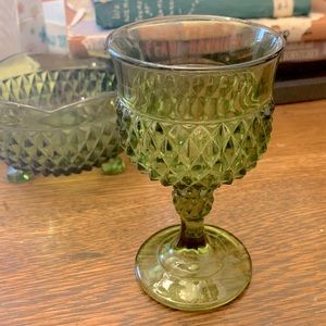 Vintage Indiana Glass Avocado Green Diamond Cut Wine Glass Goblet